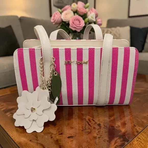 Betsey Johnson Pink and White Striped Canvas Satchel with Flower Charm - Picture 2 of 6